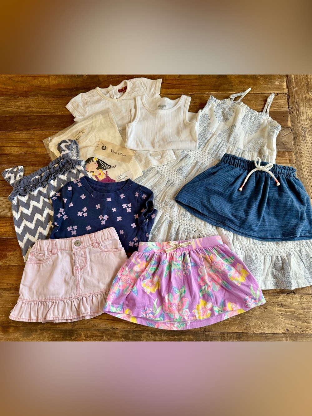 Bundle of 9 pieces girls tops, skirts, and a dress 2T